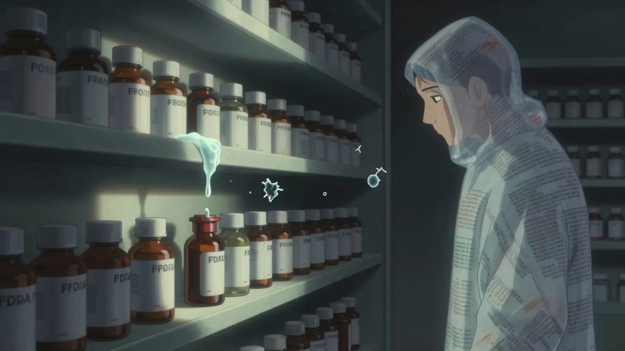 Pharmacy shelves under moonlight with one leaking bottle releasing nanoparticles, some clumped, some intact.