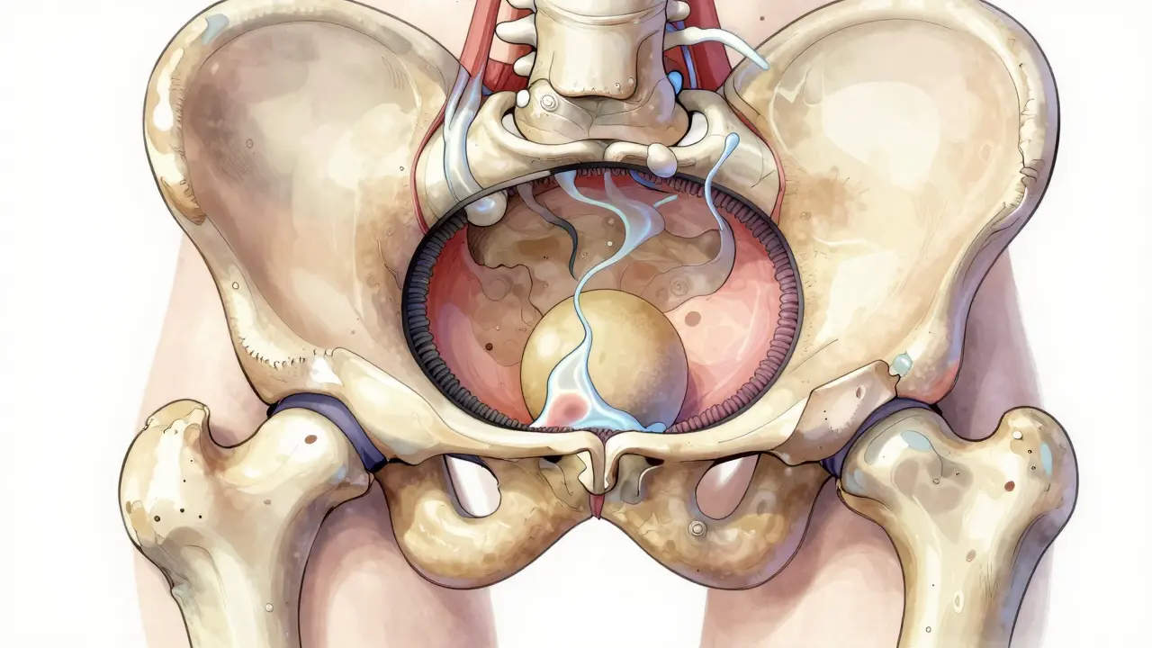 Stylized hip joint anatomy showing torn labrum, manga art