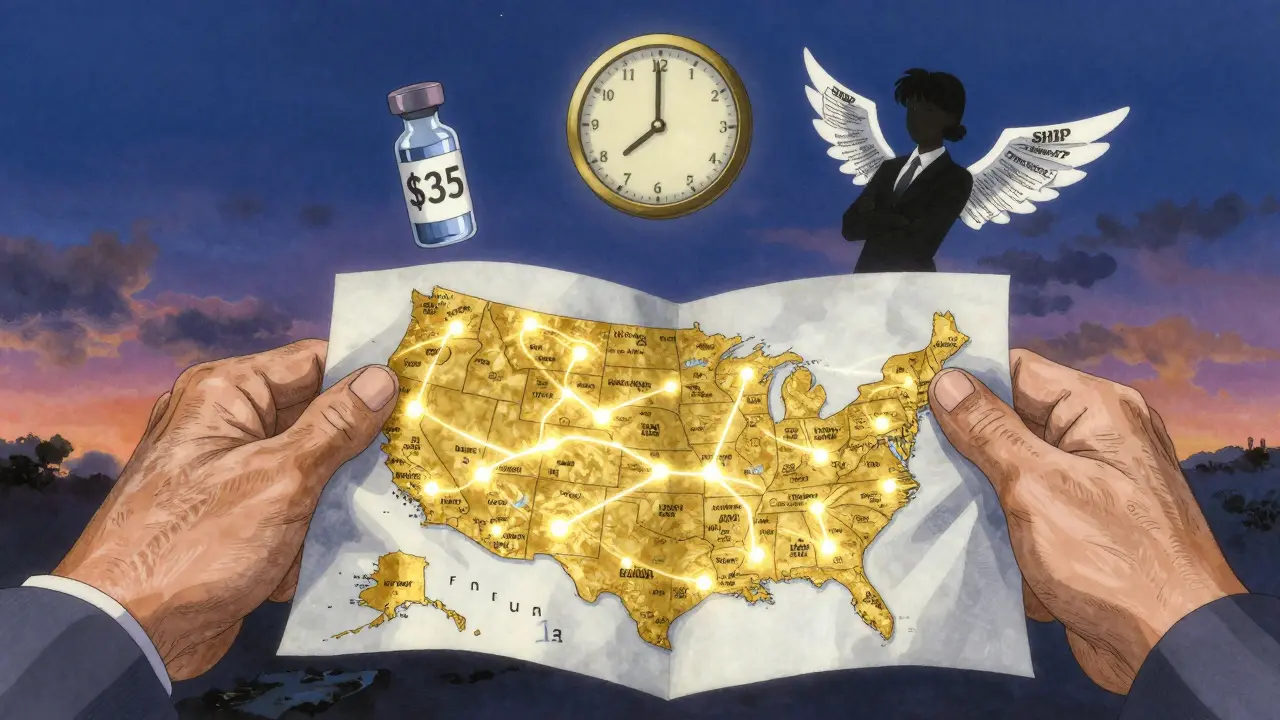 Two hands clasping over a transforming map of the U.S. with pharmacy routes, insulin vial, and SHIP counselor silhouette in dreamlike detail.