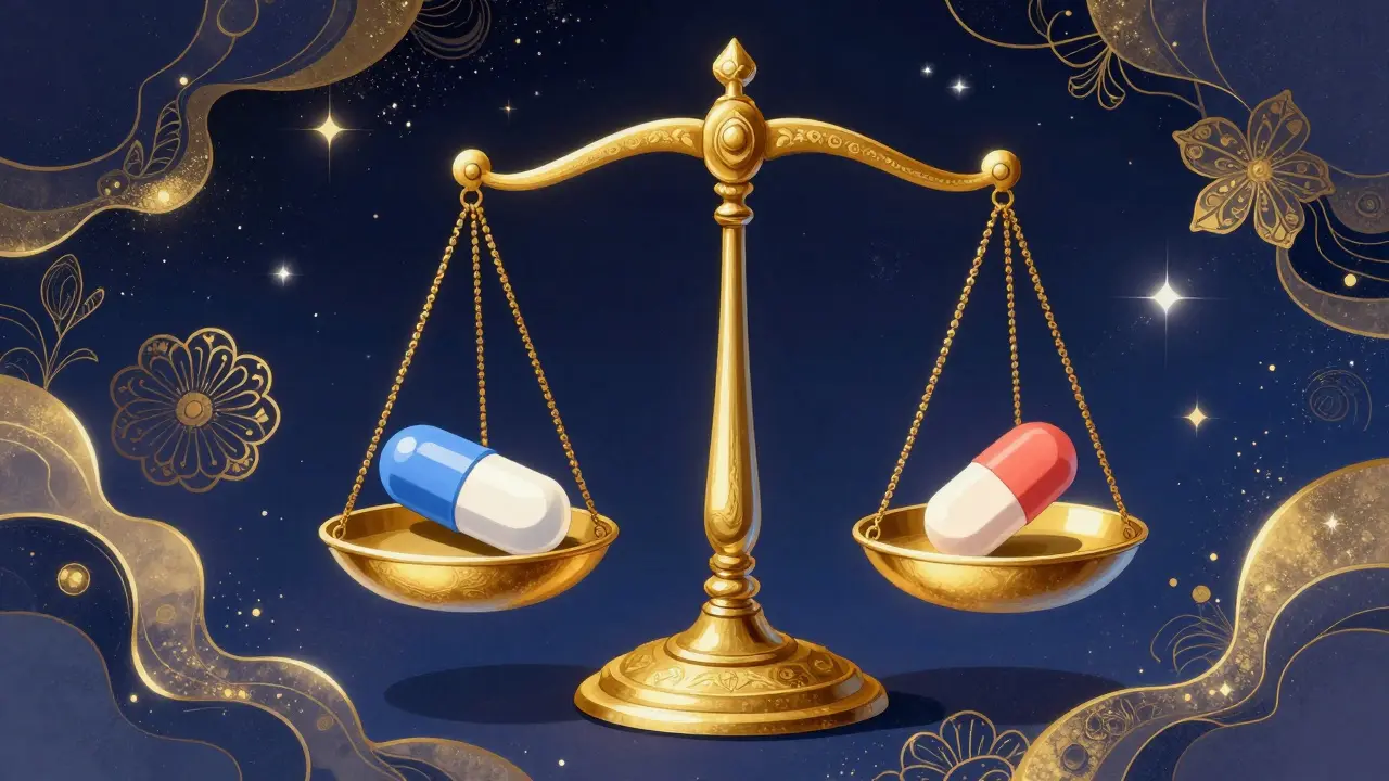 A gold scale balancing two different looking pills to represent equal medical effectiveness.