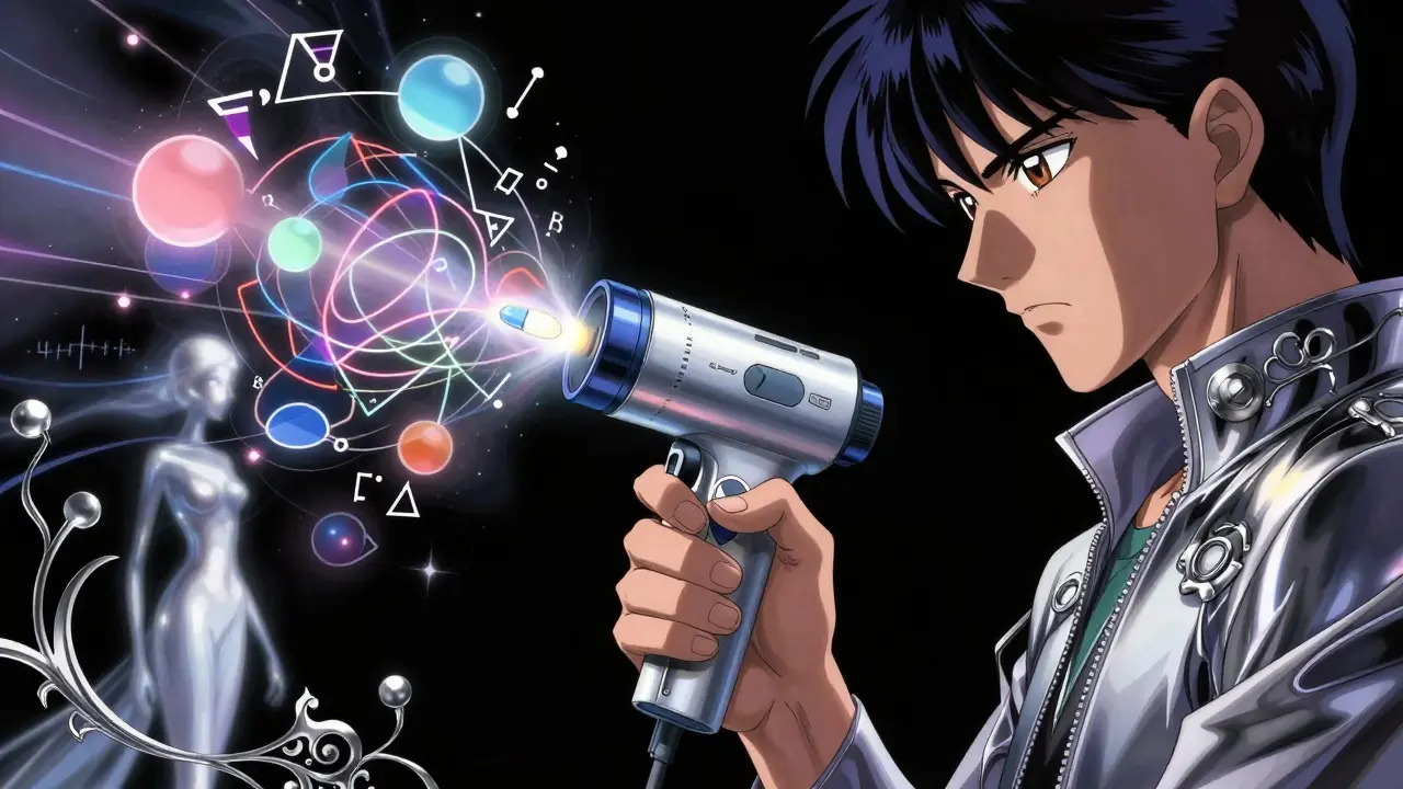 A person using a futuristic handheld device to test medication potency.