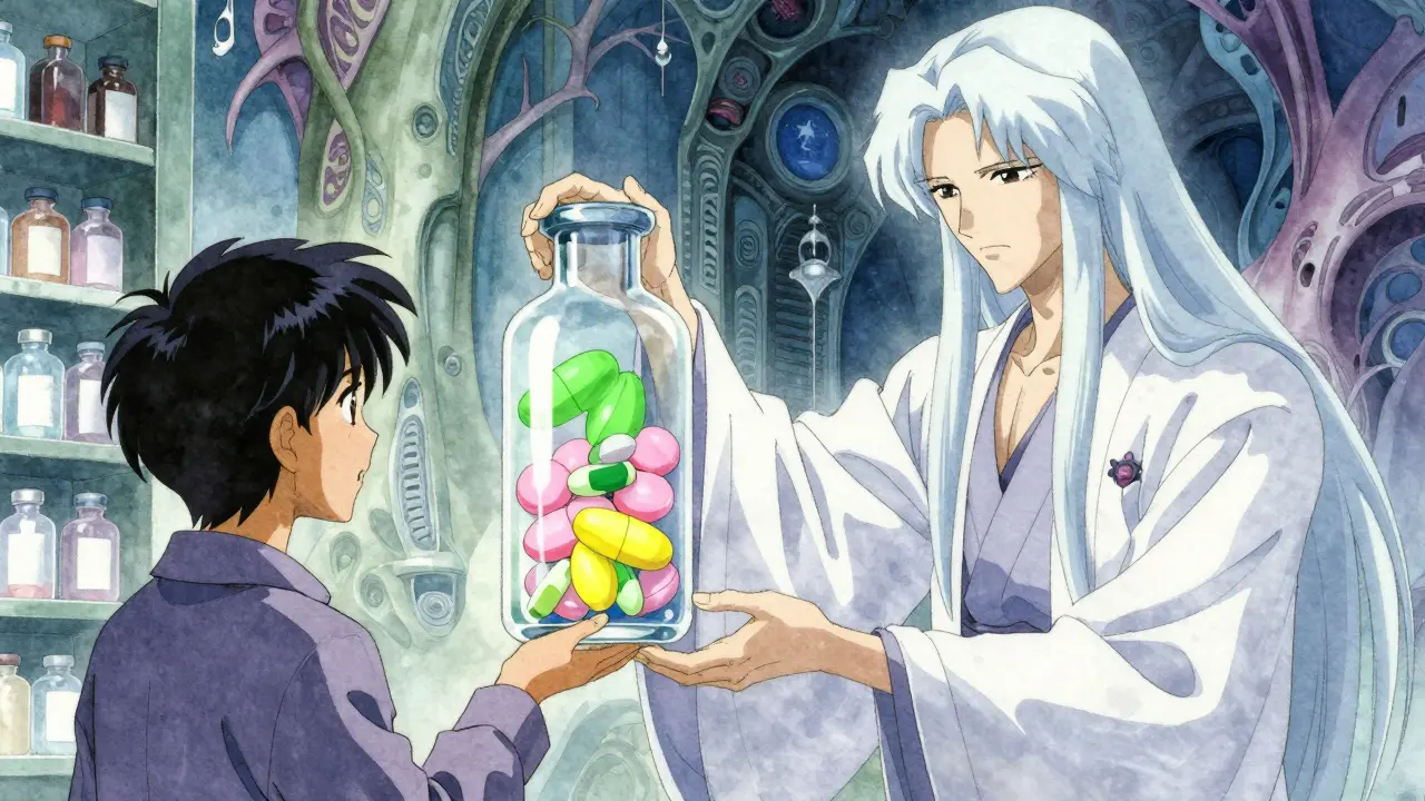 A stylized pharmacist handing a vial of colorful generic pills to a patient.