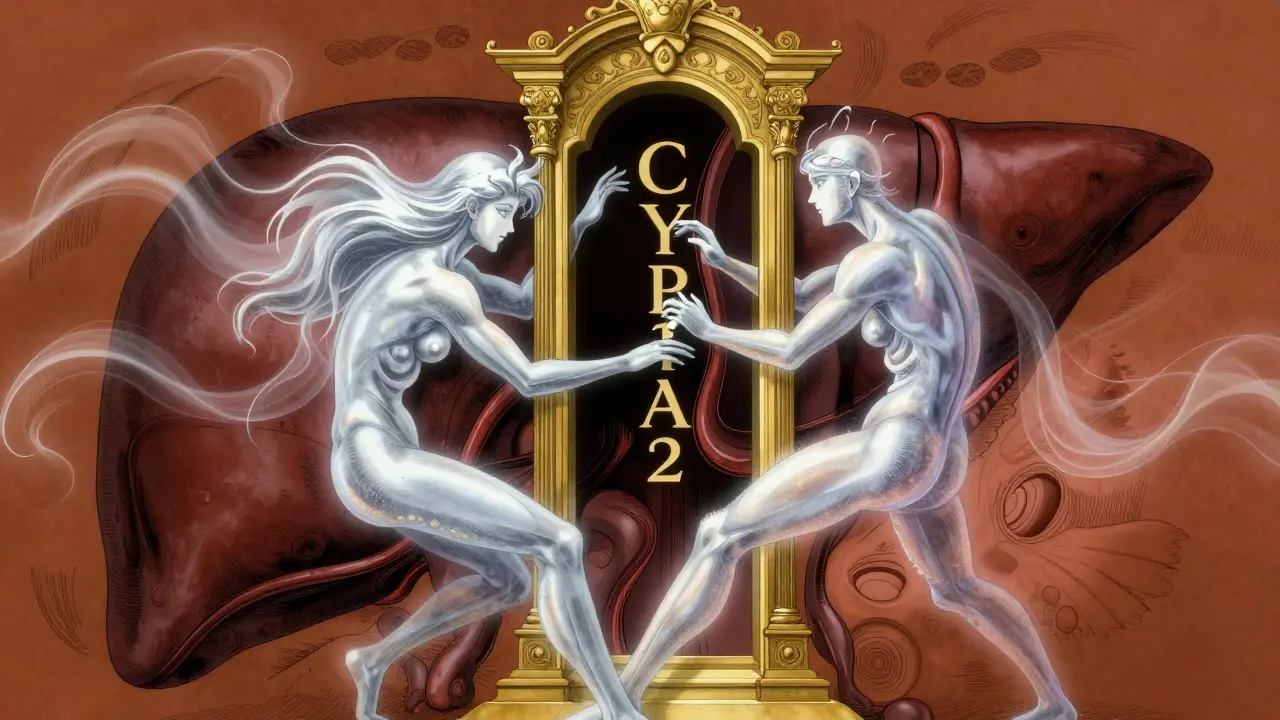 Abstract artistic representation of caffeine and medication competing for a liver enzyme.