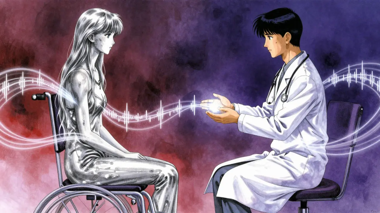 Abstract depiction of a patient and provider connected by glowing ribbons of audio information.