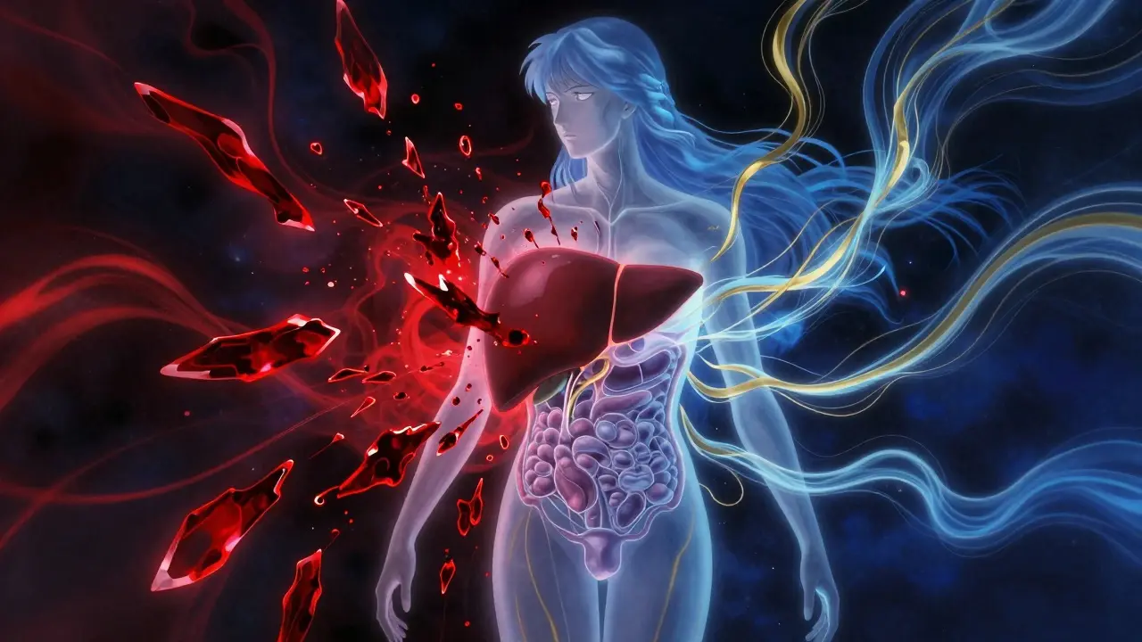 Abstract representation of liver enzymes and toxins in a celestial, flowing environment.