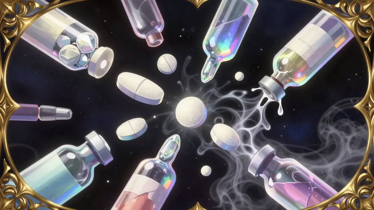 Abstract representation of stable tablets versus degrading liquid medications.