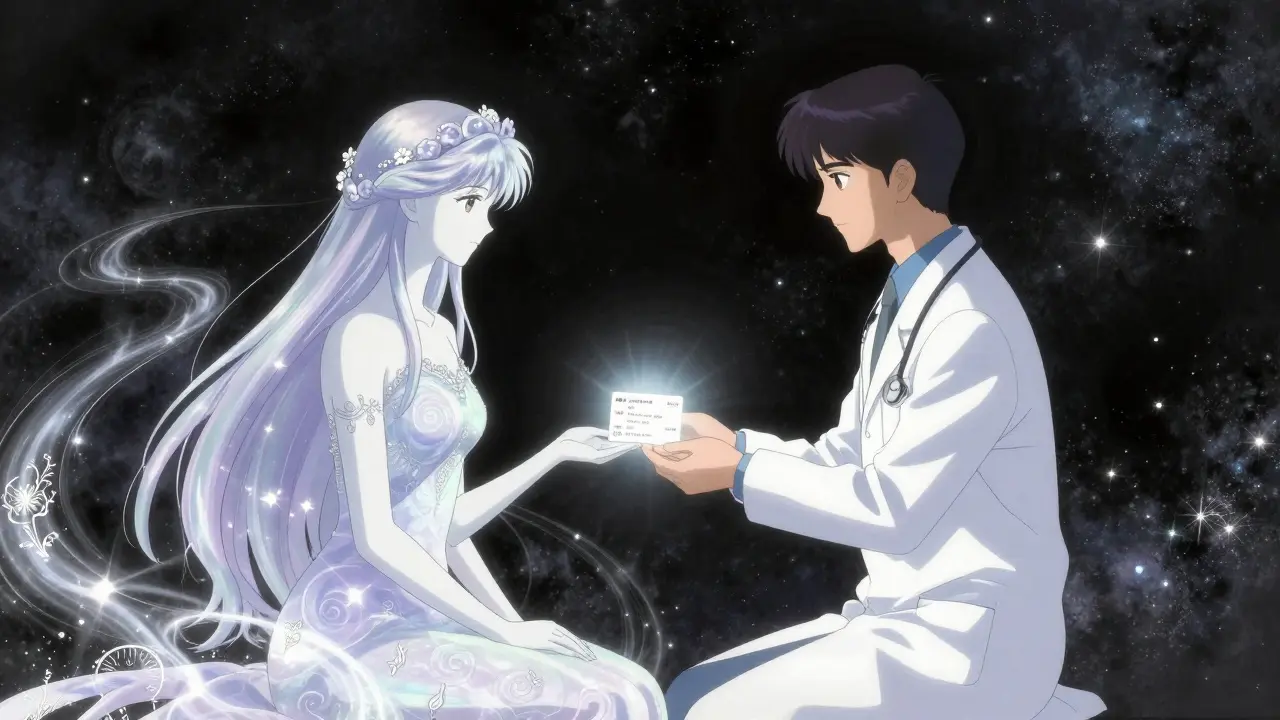 Amano style depiction of a patient and doctor exchanging a glowing allergy card.