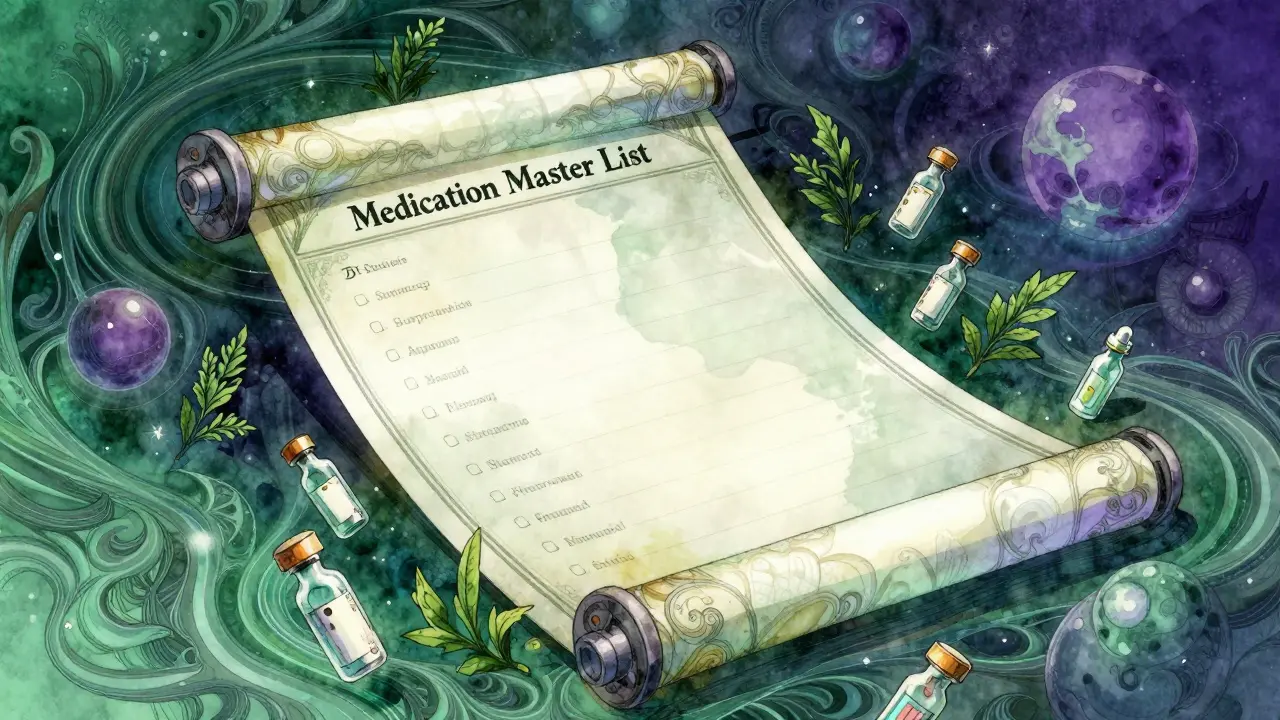 Ethereal Amano style illustration of an ornate medical medication list scroll.