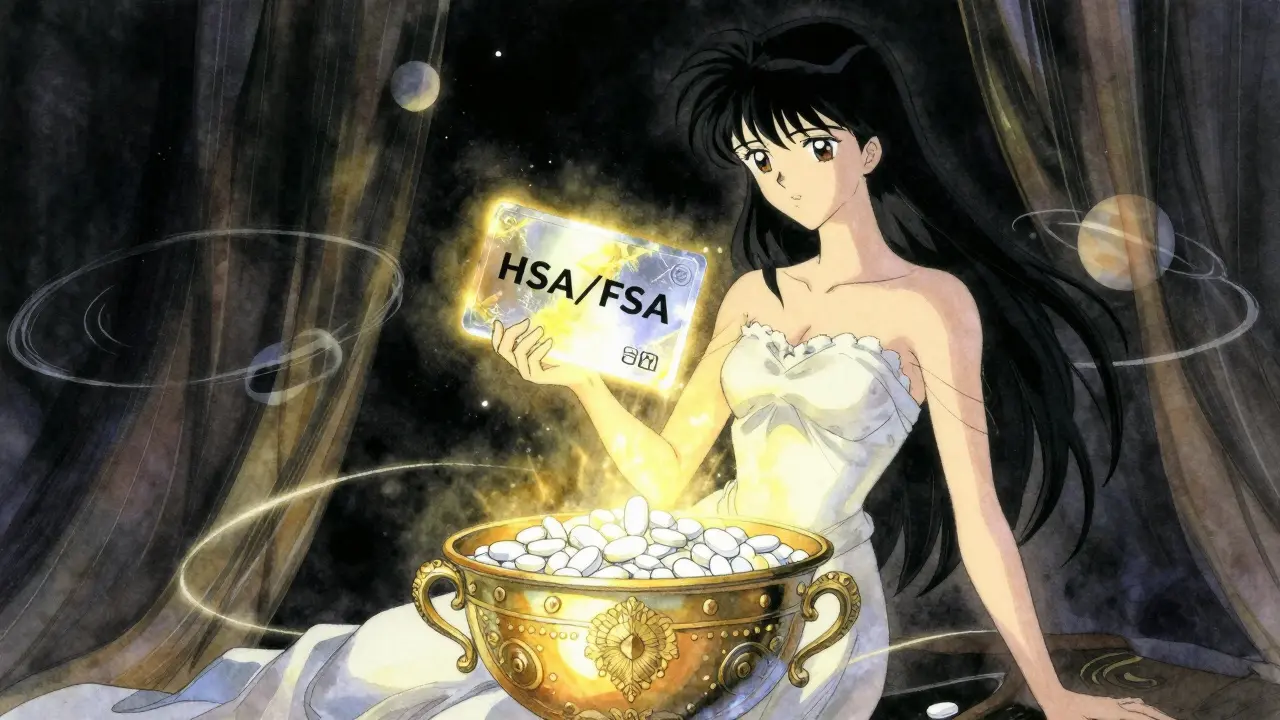 Ethereal figure holding a glowing health savings card near a vessel of medicine