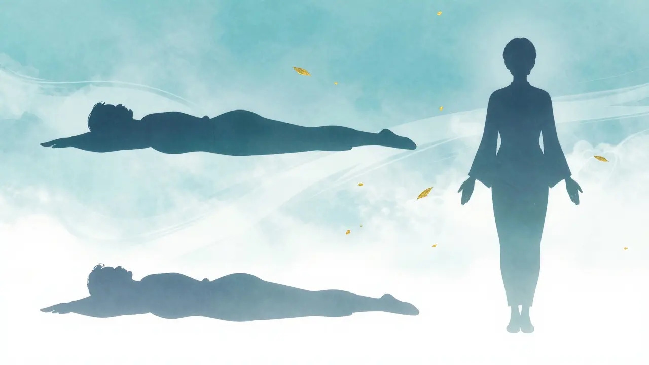 Ethereal illustration of a senior adult slowly transitioning from lying to standing for stability.