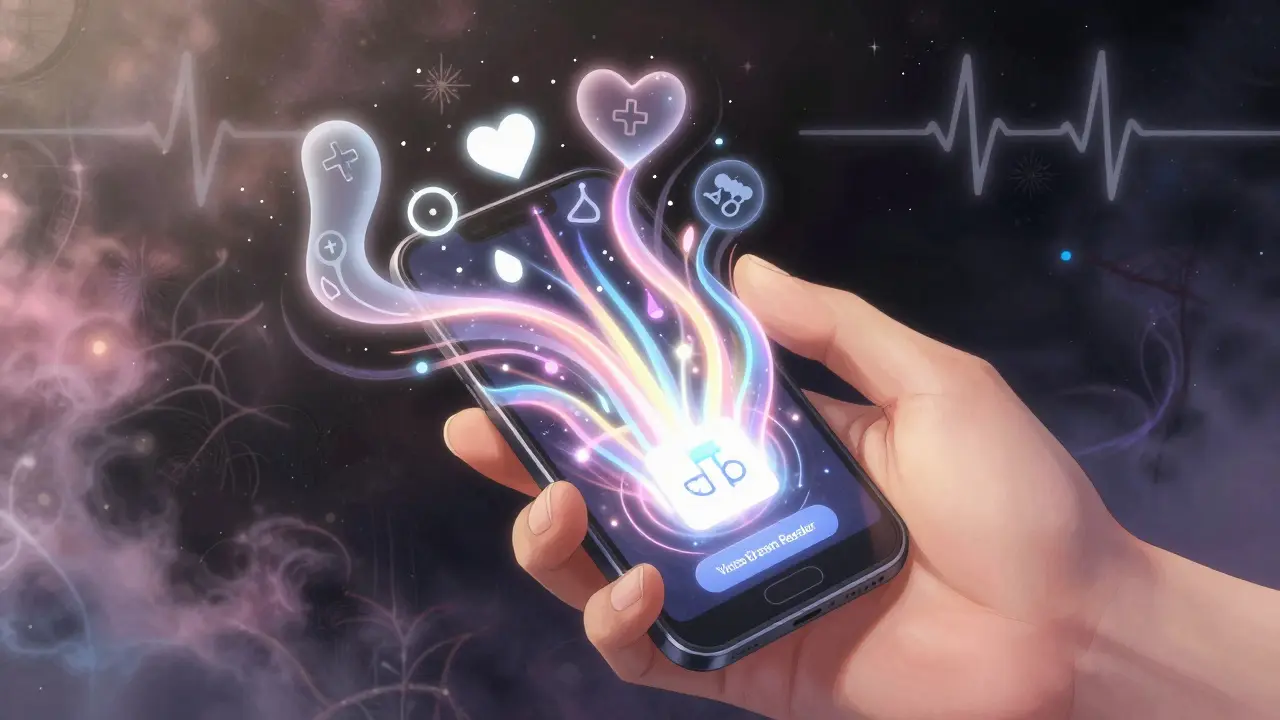 Stylized hand holding a phone emitting iridescent sound patterns and medical symbols.