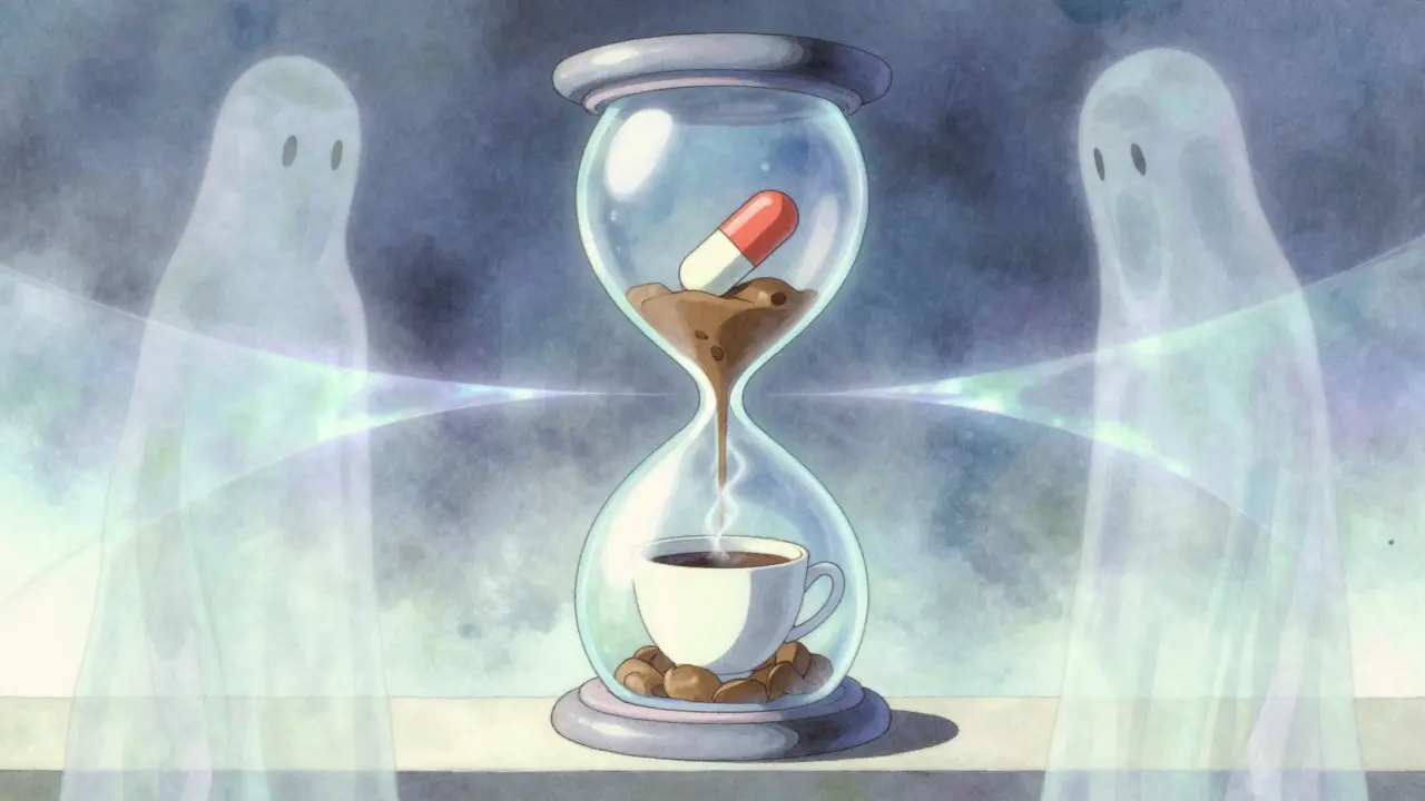 Stylized hourglass separating a medication pill from a cup of coffee to show timing.