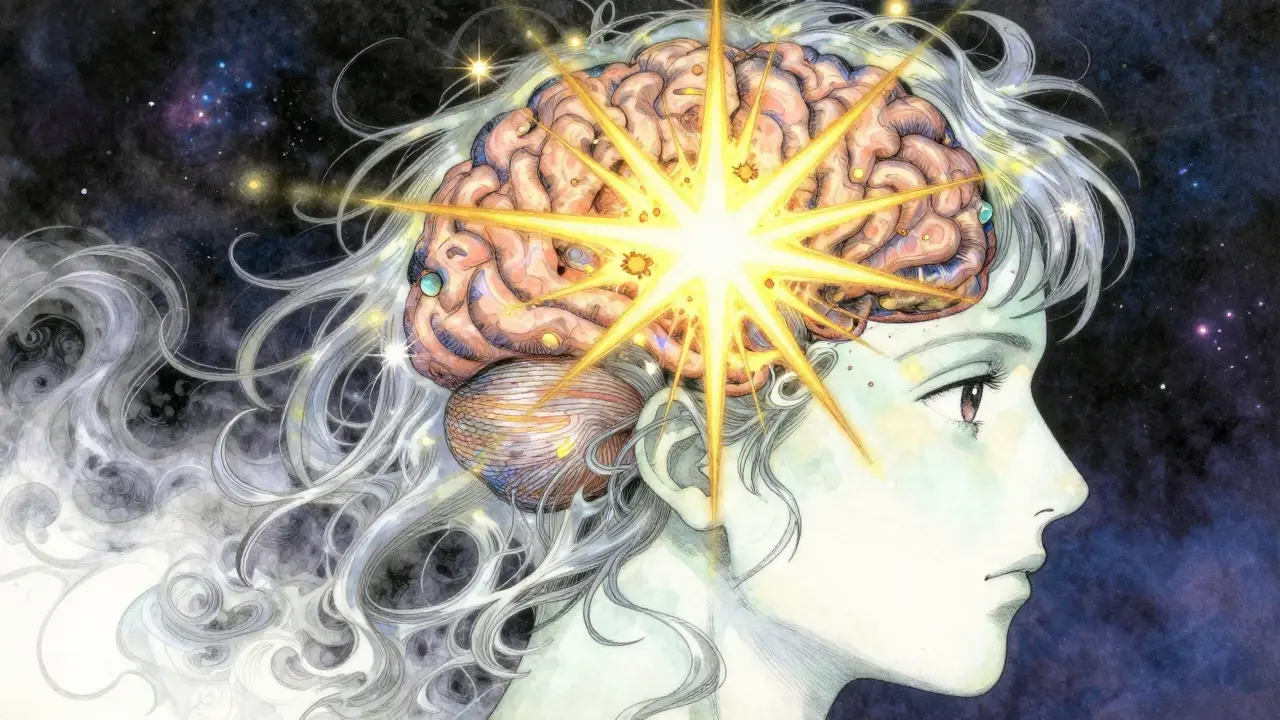 Stylized profile of a head with golden sparks representing serotonin in the brain.