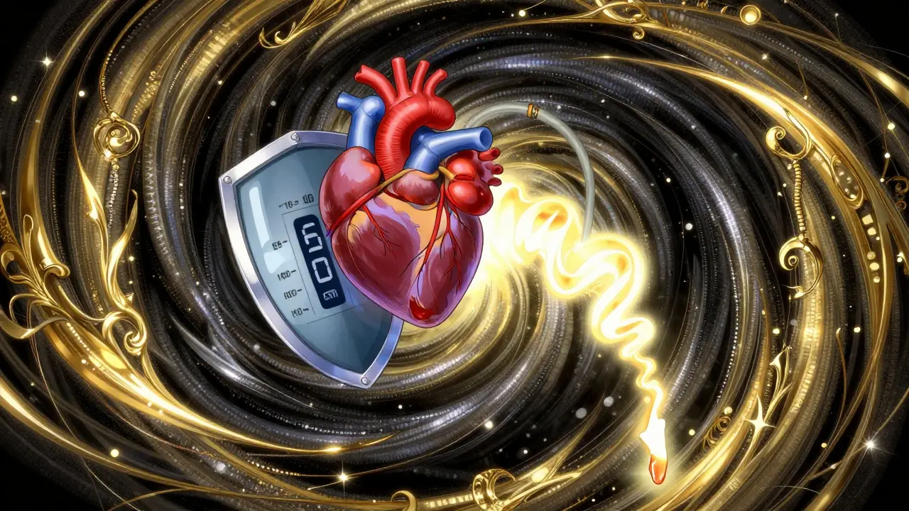 Surreal Amano style art representing the paradox of blood pressure medication and heart protection.