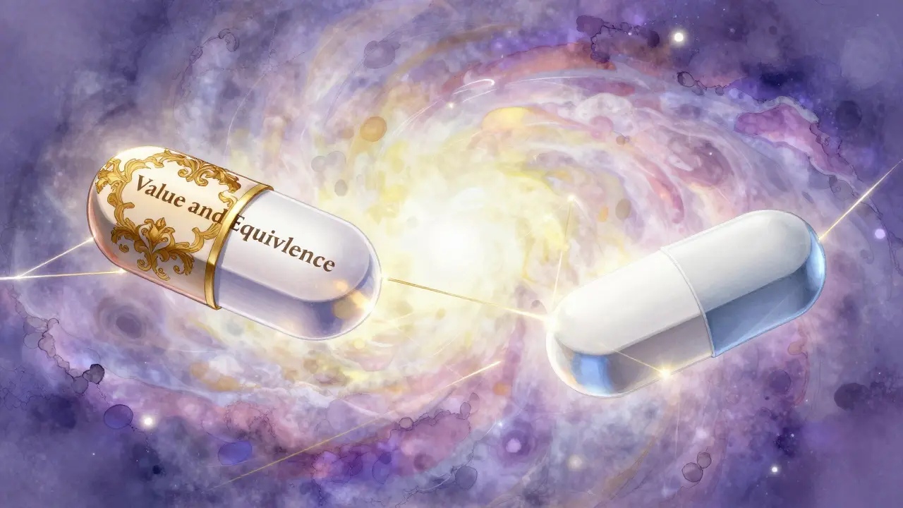 Two identical crystalline tablets connected by golden threads in a cosmic void